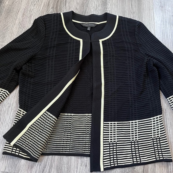 Ming Wang Sz small Black Pale Yellow Acrylic 3/4 Knit Jacket Blazer - Picture 2 of 8